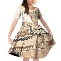 Samoa Siapo Elegant Family Matching Off Shoulder Short Dress and Hawaiian Shirt Hibiscus Beige Motifs - Polynesian Pride