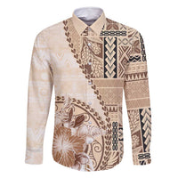 Samoa Siapo Elegant Family Matching Off Shoulder Short Dress and Hawaiian Shirt Hibiscus Beige Motifs - Polynesian Pride