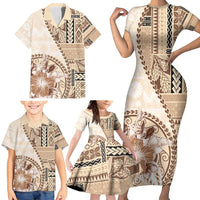 Samoa Siapo Elegant Family Matching Short Sleeve Bodycon Dress and Hawaiian Shirt Hibiscus Beige Motifs - Polynesian Pride