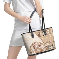 Samoa Siapo Elegant Leather Tote Bag Hibiscus Beige Motifs - Polynesian Pride
