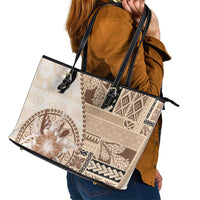 Samoa Siapo Elegant Leather Tote Bag Hibiscus Beige Motifs - Polynesian Pride