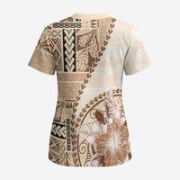 Samoa Siapo Elegant Scrub Top Hibiscus Beige Motifs - Polynesian Pride