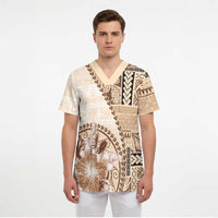 Samoa Siapo Elegant Scrub Top Hibiscus Beige Motifs - Polynesian Pride