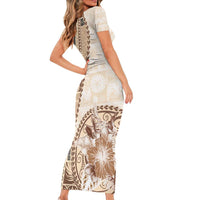Samoa Siapo Elegant Short Sleeve Bodycon Dress Hibiscus Beige Motifs - Polynesian Pride
