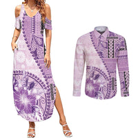 Samoa Siapo Elegant Couples Matching Summer Maxi Dress and Long Sleeve Button Shirt Hibiscus Violet Motifs - Polynesian Pride