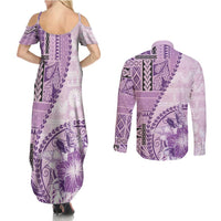 Samoa Siapo Elegant Couples Matching Summer Maxi Dress and Long Sleeve Button Shirt Hibiscus Violet Motifs - Polynesian Pride