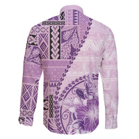 Samoa Siapo Elegant Family Matching Off The Shoulder Long Sleeve Dress and Hawaiian Shirt Hibiscus Violet Motifs - Polynesian Pride