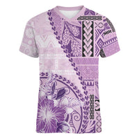 Samoa Siapo Elegant Women V-Neck T-Shirt Hibiscus Violet Motifs - Polynesian Pride