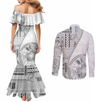 Samoa Siapo Elegant Couples Matching Mermaid Dress and Long Sleeve Button Shirt Hibiscus White Motifs - Polynesian Pride