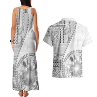 Samoa Siapo Elegant Couples Matching Tank Maxi Dress and Hawaiian Shirt Hibiscus White Motifs - Polynesian Pride