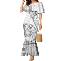 Samoa Siapo Elegant Family Matching Mermaid Dress and Hawaiian Shirt Hibiscus White Motifs - Polynesian Pride