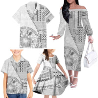 Samoa Siapo Elegant Family Matching Off The Shoulder Long Sleeve Dress and Hawaiian Shirt Hibiscus White Motifs - Polynesian Pride
