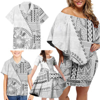 Samoa Siapo Elegant Family Matching Off Shoulder Short Dress and Hawaiian Shirt Hibiscus White Motifs - Polynesian Pride