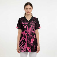 Breast Cancer Awareness Scrub Top Ribbon Polynesian Pattern Black Version - Polynesian Pride