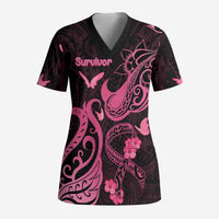 Personalized Breast Cancer Awareness Scrub Top Ribbon Polynesian Pattern Black Version - Polynesian Pride