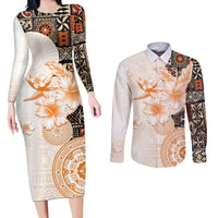 Fiji Couples Matching Long Sleeve Bodycon Dress and Long Sleeve Button Shirt Masi Tapa Pattern Brown LT05 Brown - Polynesian Pride