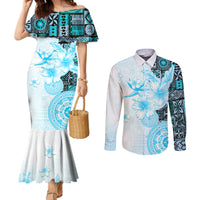 Fiji Couples Matching Mermaid Dress and Long Sleeve Button Shirt Masi Tapa Pattern Blue LT05 Blue - Polynesian Pride