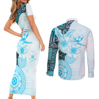 Fiji Couples Matching Short Sleeve Bodycon Dress and Long Sleeve Button Shirt Masi Tapa Pattern Blue LT05 - Polynesian Pride