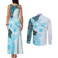 Fiji Couples Matching Tank Maxi Dress and Long Sleeve Button Shirt Masi Tapa Pattern Blue LT05 - Polynesian Pride