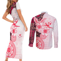 Fiji Couples Matching Short Sleeve Bodycon Dress and Long Sleeve Button Shirt Masi Tapa Pattern Red LT05 - Polynesian Pride