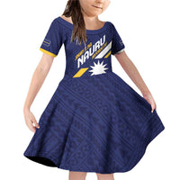 Personalised Happy Nauru Independence Day Family Matching Off Shoulder Short Dress and Hawaiian Shirt Polynesian Pattern LT05 Daughter's Dress Blue - Polynesian Pride