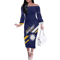 Personalised Happy Nauru Independence Day Off The Shoulder Long Sleeve Dress Polynesian Pattern LT05 Women Blue - Polynesian Pride