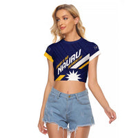 Personalised Happy Nauru Independence Day Raglan Cropped T Shirt Polynesian Pattern LT05 Female Blue - Polynesian Pride