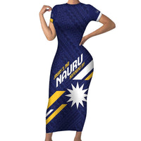 Personalised Happy Nauru Independence Day Short Sleeve Bodycon Dress Polynesian Pattern LT05 Long Dress Blue - Polynesian Pride