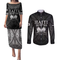 Haiti 1804 Couples Matching Puletasi and Long Sleeve Button Shirt Polynesian Silver Neg Maron