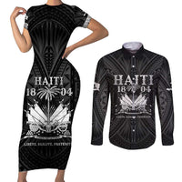 Haiti 1804 Couples Matching Short Sleeve Bodycon Dress and Long Sleeve Button Shirt Polynesian Silver Neg Maron