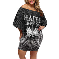 Haiti 1804 Family Matching Off Shoulder Short Dress and Hawaiian Shirt Polynesian Silver Neg Maron LT05 Mom's Dress Silver - Polynesian Pride