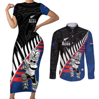 Custom New Zealand Auckland Cricket Couples Matching Short Sleeve Bodycon Dress and Long Sleeve Button Shirt With Maori Pattern LT05 Blue - Polynesian Pride
