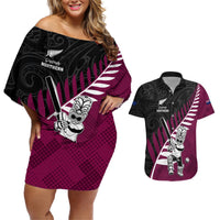 Custom New Zealand Northern Districts Cricket Couples Matching Off Shoulder Short Dress and Hawaiian Shirt With Maori Pattern LT05 Maroon - Polynesian Pride