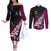 Custom New Zealand Northern Districts Cricket Couples Matching Off The Shoulder Long Sleeve Dress and Long Sleeve Button Shirt With Maori Pattern LT05 Maroon - Polynesian Pride