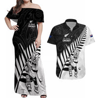 Custom New Zealand Cricket Couples Matching Off Shoulder Maxi Dress and Hawaiian Shirt With Maori Pattern LT05 Black - Polynesian Pride