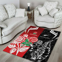 New Zealand And England Rugby Area Rug Maori Tiki With Red Rose Together