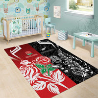 New Zealand And England Rugby Area Rug Maori Tiki With Red Rose Together