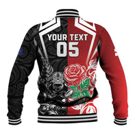 New Zealand And England Rugby Custom Baseball Jacket Maori Tiki With Red Rose Together