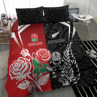 New Zealand And England Rugby Bedding Set Maori Tiki With Red Rose Together