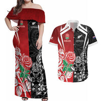 New Zealand And England Rugby Custom Couples Matching Off Shoulder Maxi Dress and Hawaiian Shirt Maori Tiki With Red Rose Together LT05 Red - Polynesian Pride