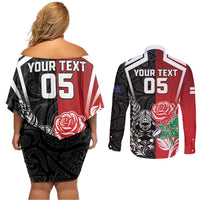 New Zealand And England Rugby Custom Couples Matching Off Shoulder Short Dress and Long Sleeve Button Shirt Maori Tiki With Red Rose Together LT05 - Polynesian Pride