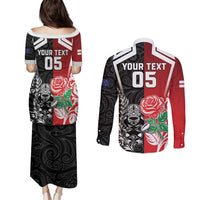 New Zealand And England Rugby Custom Couples Matching Puletasi and Long Sleeve Button Shirt Maori Tiki With Red Rose Together