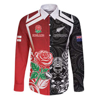 New Zealand And England Rugby Custom Family Matching Off Shoulder Maxi Dress and Hawaiian Shirt Maori Tiki With Red Rose Together LT05 Dad's Shirt - Long Sleeve Red - Polynesian Pride
