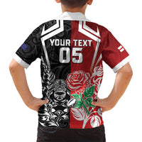 New Zealand And England Rugby Custom Family Matching Puletasi and Hawaiian Shirt Maori Tiki With Red Rose Together