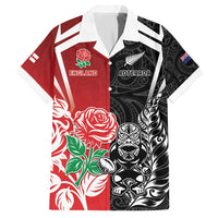 New Zealand And England Rugby Custom Hawaiian Shirt Maori Tiki With Red Rose Together