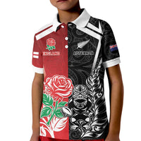New Zealand And England Rugby Custom Kid Polo Shirt Maori Tiki With Red Rose Together