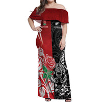 New Zealand And England Rugby Custom Off Shoulder Maxi Dress Maori Tiki With Red Rose Together LT05 Women Red - Polynesian Pride