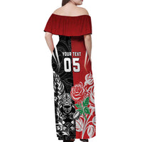 New Zealand And England Rugby Custom Off Shoulder Maxi Dress Maori Tiki With Red Rose Together LT05 - Polynesian Pride