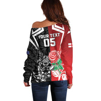 New Zealand And England Rugby Custom Off Shoulder Sweater Maori Tiki With Red Rose Together LT05 - Polynesian Pride