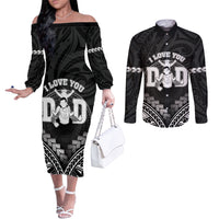 Personalised Happy Father's Day Couples Matching Off The Shoulder Long Sleeve Dress and Long Sleeve Button Shirt I Love You Dad Polynesian Style LT05 Black - Polynesian Pride